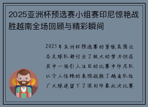 2025亚洲杯预选赛小组赛印尼惊艳战胜越南全场回顾与精彩瞬间 2025亚洲杯预选赛小组赛印尼惊艳战胜越南全场回顾与精彩瞬间
